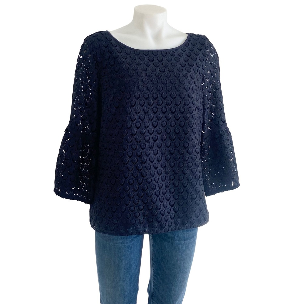 RSVP by Talbots Navy Blue Lace Bell Sleeve Blouse Petite Large LP Embroidered